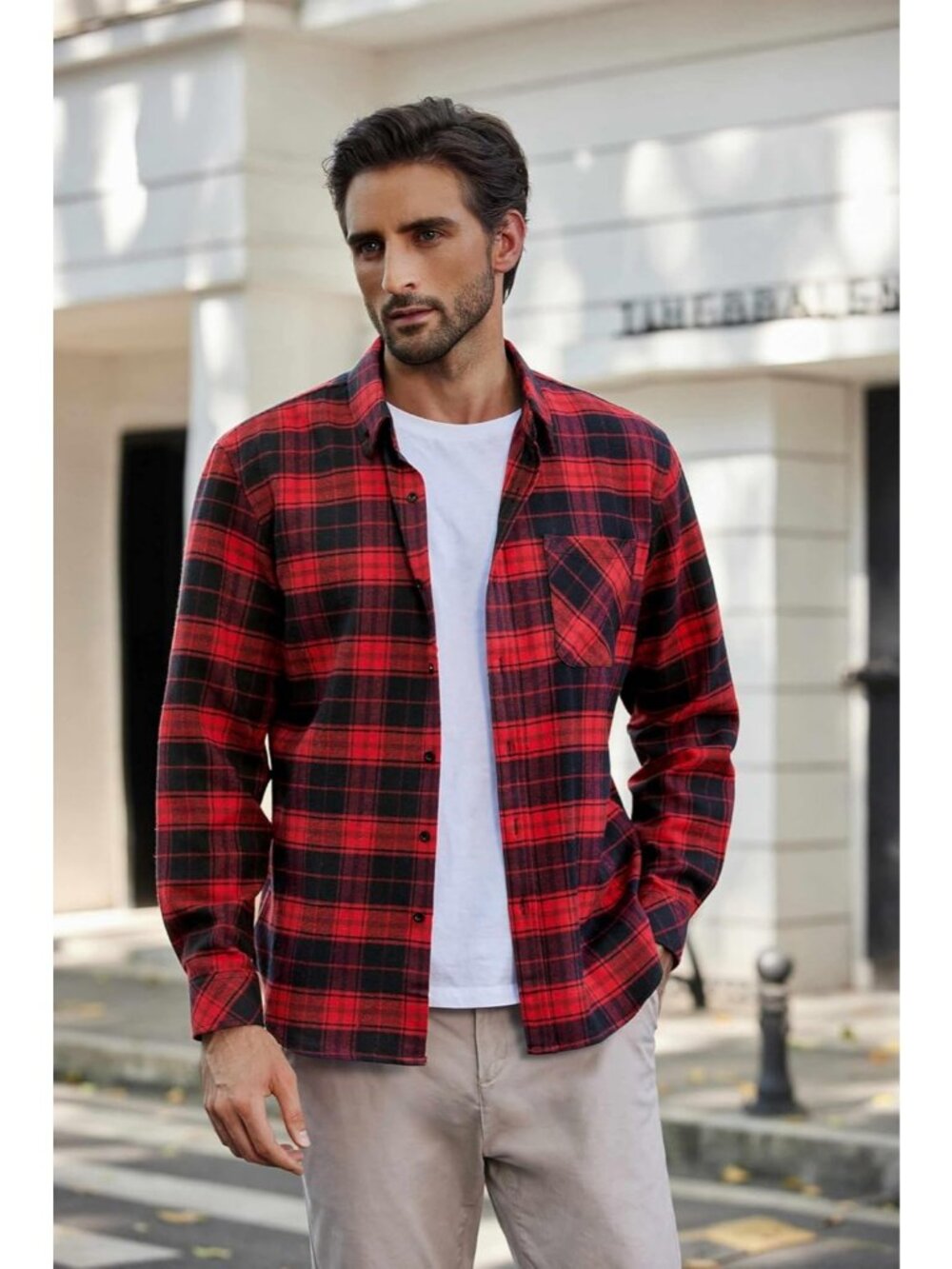 Men's Red Black Polyester Blend Long Sleeve Casual Flannel Button Down Shirt - Picture 3 of 5